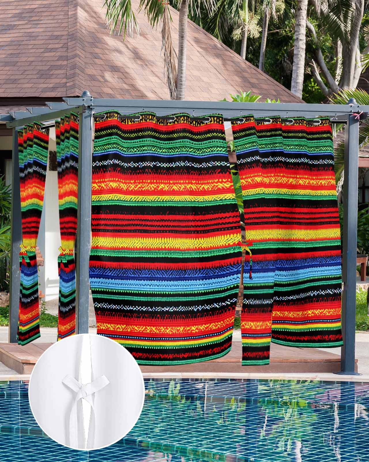 nqOlkjepod Outdoor Curtains for Patio Waterproof, Mexico Stripes Outdoor Privacy Panels Grommet, Colored Abstract Striped Orange Red Boho Blackout Outside Curtains for Porch/Cabana 54"x84", 2 Panels