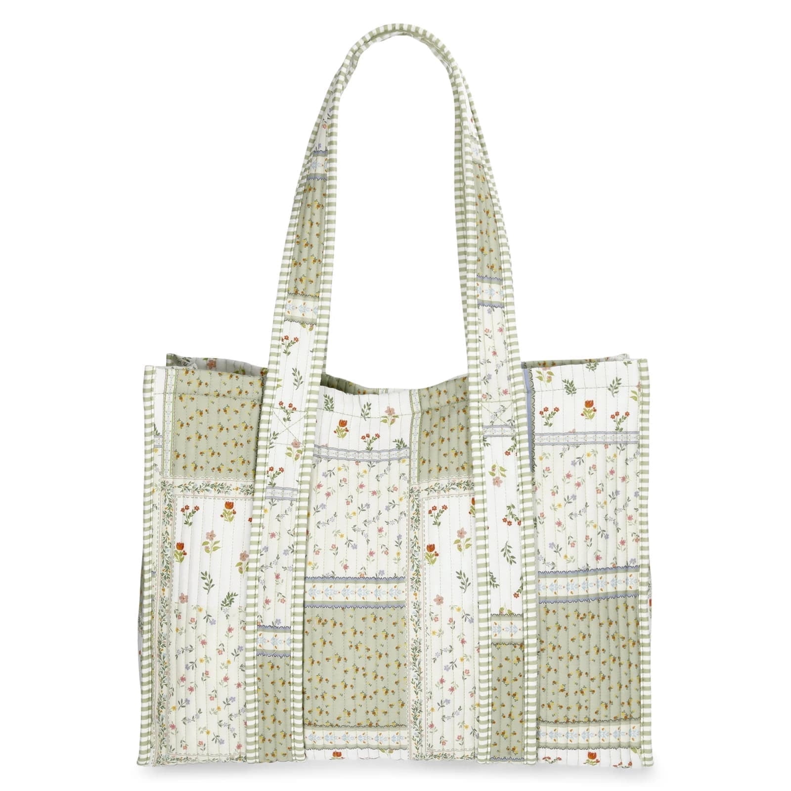 Gumesh Quilted Patchwork Tote Bag for Women, Light Green Gingham & Floral Print, Large Capacity Shoulder Bag for Work, Shopping, Beach, Travel