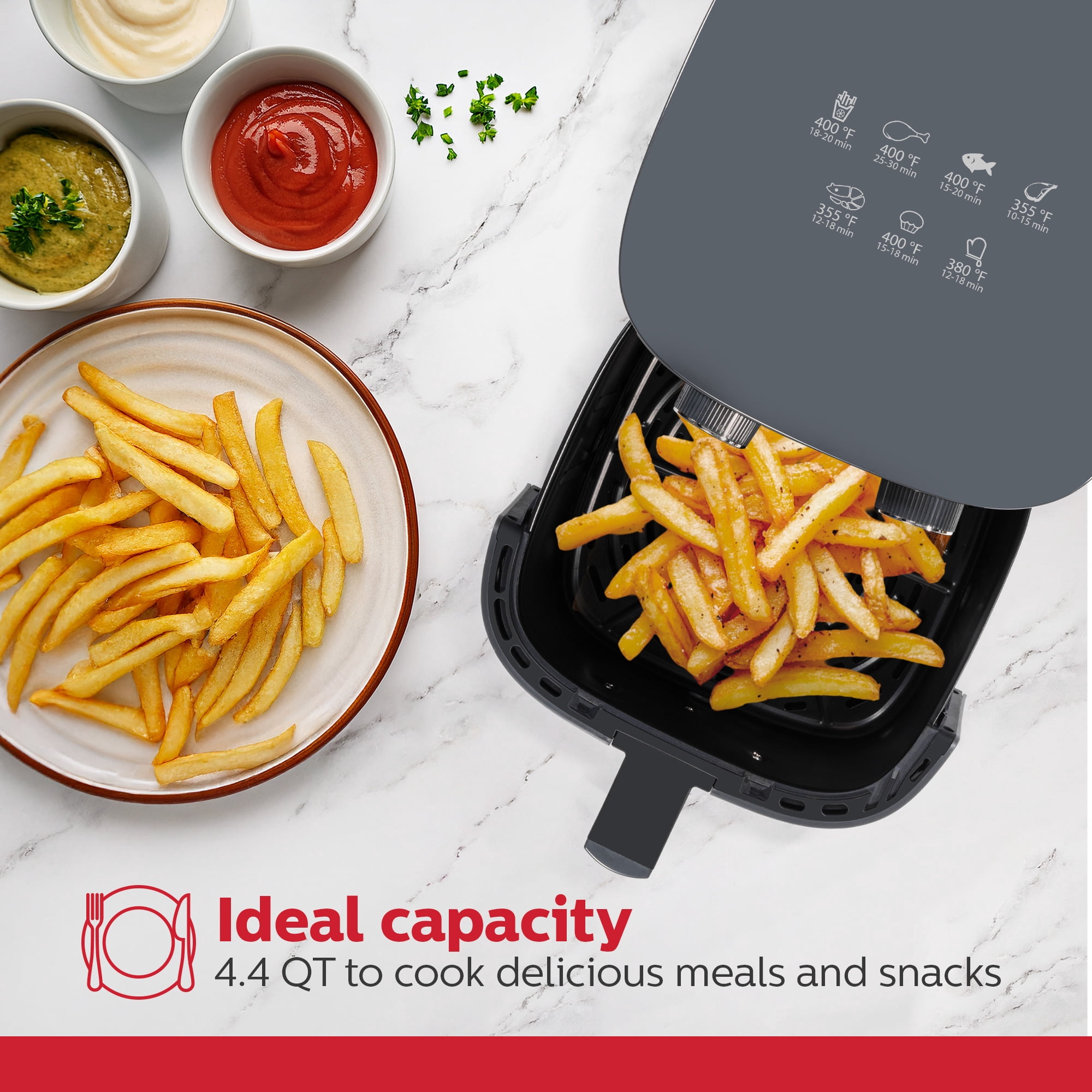 Holstein Housewares 4.4QT Air Fryer. Your All-in-One Culinary Solution. Air fry, roast, bake or grill. Adjustable temperature and time, Hot air technology and Dishwasher Safe, 1400W, Grey