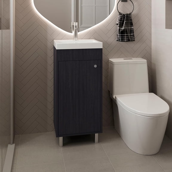 TUHOME Rivera Freestanding Bathroom Vanity, Single-Door Sink Base Cabinet with Open Shelf, 15.8 in W, Wenge