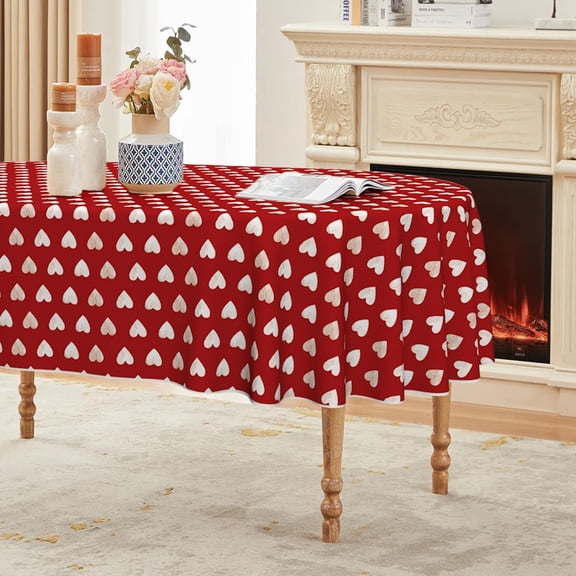 Valentine Tablecloth 60×84 Inch Oval, Watercolor Love Hearts Red Washable Table Cover for Party Picnic Dinner Decor