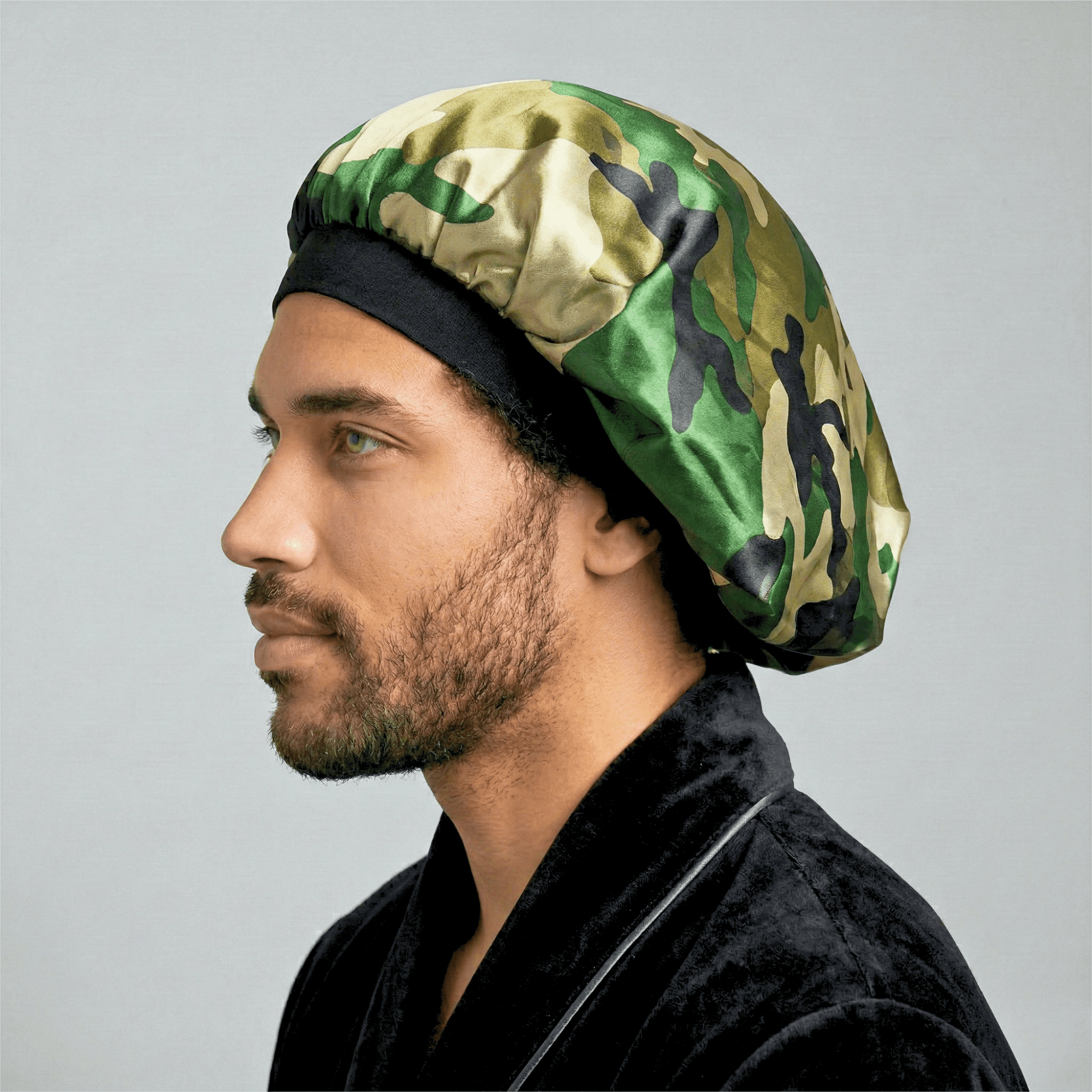 Men’s Satin Bonnet with Adjustable Tie, Silk Infused Sleep Cap for Waves, Braids, Locs, Camouflage