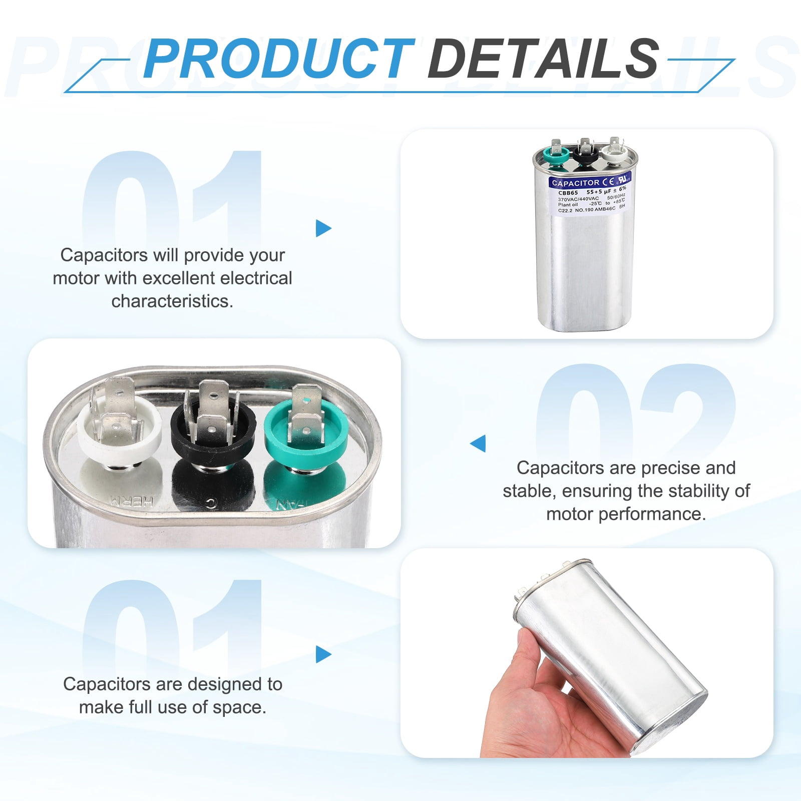 Uxcell 2Pcs 55+5MFD CBB65 Run Start Capacitor 55+5uF, 370/440V Oval AC Capacitor for AC Motor Run, HVAC, Air Conditioner, Condenser Motors
