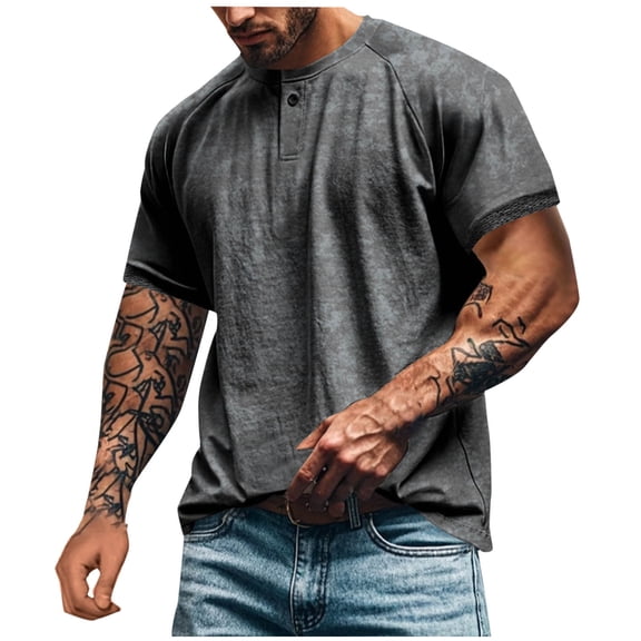 YLSDY Men's Henley Shirts Short Sleeve Casual T-Shirt Button Henley Basic Tee Crew Neck Workout Tops Streetwear Dark Gray L