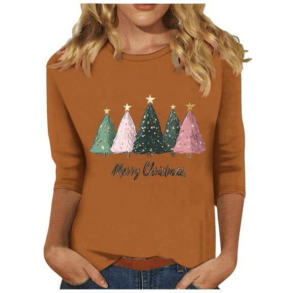 asdoklhq Christmas Pullover Sweaters for Women's Christmas Printed Round Neck 3/4 Sleeve T-shirt Loose Top Long Sleeve Round Neck Top/Shirt Brown 4X
