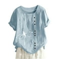 thumbnail image 1 of Scyoekwg Hauts Habillés pour Femmes Tendance Col Rond Boutons Manches Retroussables Hauts Mode Imprimé Graphique T-Shirt Confortable Manches Courtes T-Shirts Décontractés Amples Été Blouses Légères (Bleu Clair, TG), 1 of 5