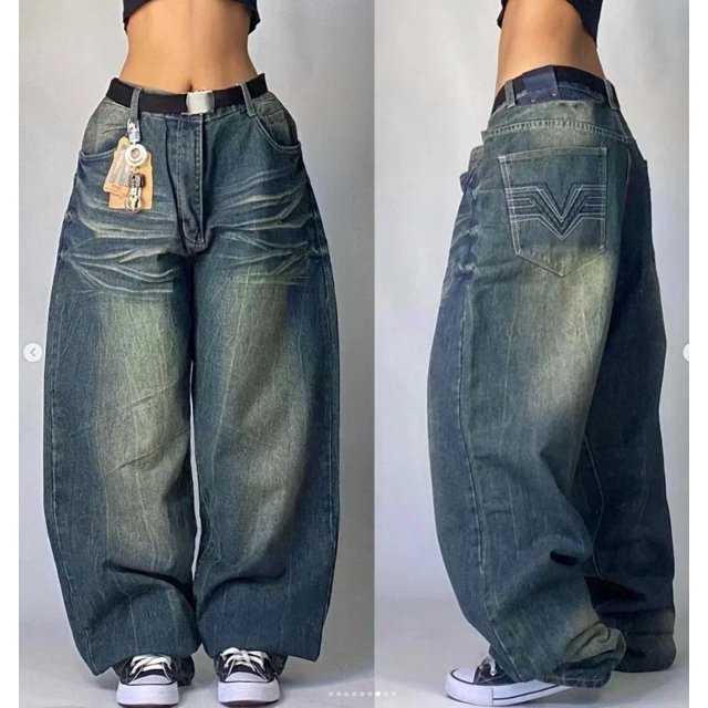 Womens Polyester Printed Oversized Baggy Wide Leg High Waist Full Length Jeans