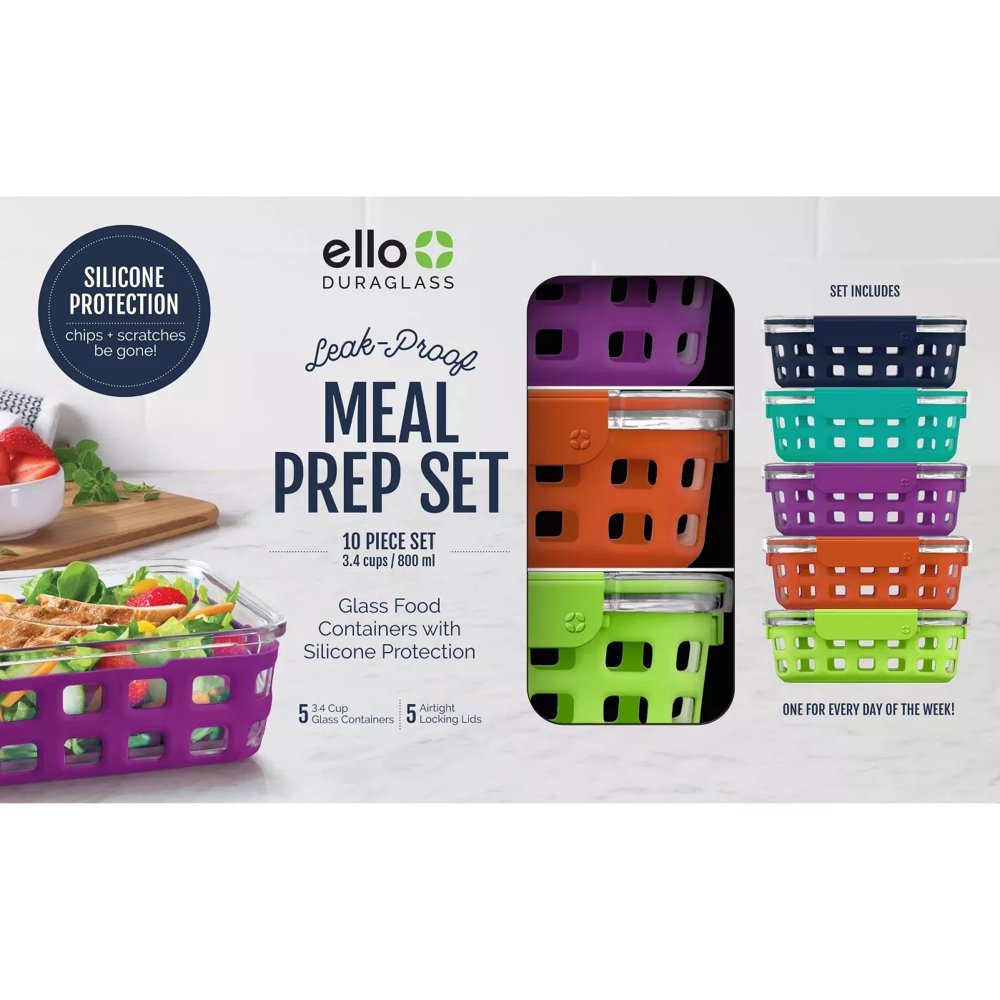 Ello DuraGlass 10 Piece LeakProof Meal Prep Containers Set (3.4 Cup