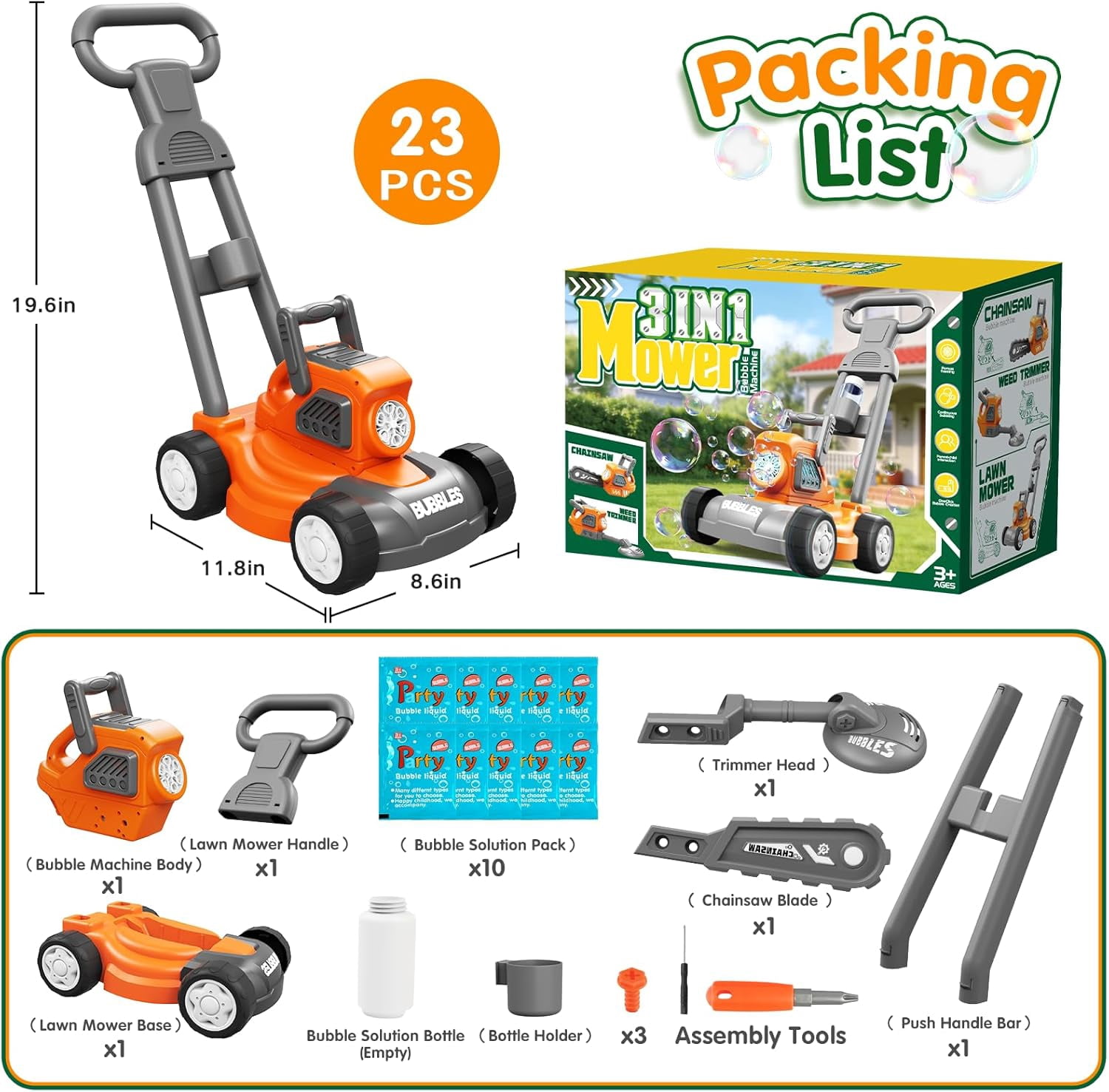 Aliex 3-in-1 Bubble Lawn Mower Outdoor Push Toy for Kids Ages 3-8, with 10 Bubble Solutions
