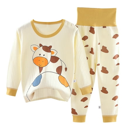 

YDOJG Outfit Set for Toddler Boys Girls Baby Soft Pajamas Cartoon Prints Hight Waist Long Sleeve Kid Sleepwear Sets Beige 12-18 Months