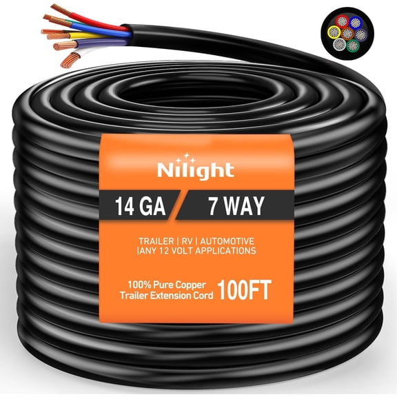 Nilight 100 Feet 7 Way Trailer Extension Cable Traditional SAE 14 Gauge 7 Conductor 100% Pure Copper Wire Insulated Heavy Duty Cord Weatherproof for 7 Pin Blade RV Automotive