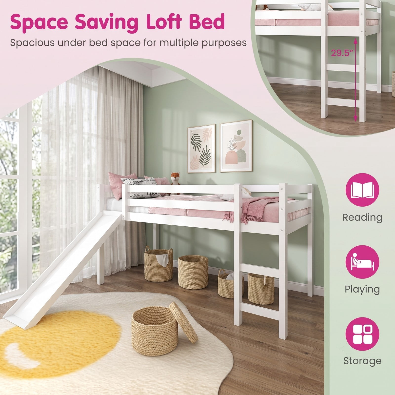 Furnibear Twin Size Low Loft Bed with Slide and Ladder for Kids Bedroom, Sturdy Wood Loft Bed Frame with Guardrails, Space-Saving, White