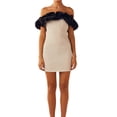 thumbnail image 1 of FOCUSNORM Robe de Soirée à Épaules Dénudées pour Femme, Manches Courtes Bouffantes, Couleur Contrastante, Robe Moulante Courte, 1 of 8