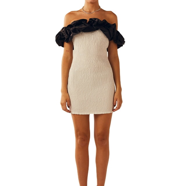 FOCUSNORM Robe de Soirée à Épaules Dénudées pour Femme, Manches Courtes Bouffantes, Couleur Contrastante, Robe Moulante Courte