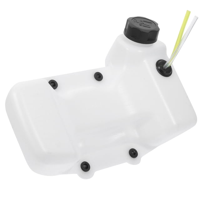 depósito de combustible para desbrozadora 40-5bl, repuestos, soporte para depósito de combustible, organizador de gasolina para desbrozadora (blanco) Vista 3/4 frontal, depósito blanco de plástico con tapa negra roscada, boquilla con mangueras visibles y cinco tornillos de montaje; medidas 24.5 x 14.5 x 7 cm, compatible con desbrozadora 40-5BL, fácil de instalar y a menudo usado como repuesto para jardinería.