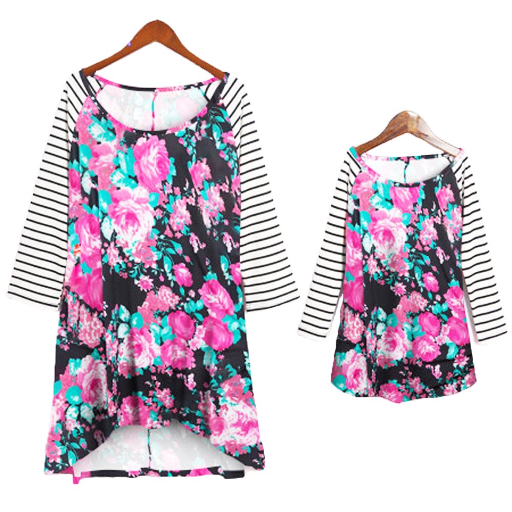 Family Matching Flower Print O-Neck Long Sleeve Short Dress Mommy and Me T- Shirt Tops Outfit