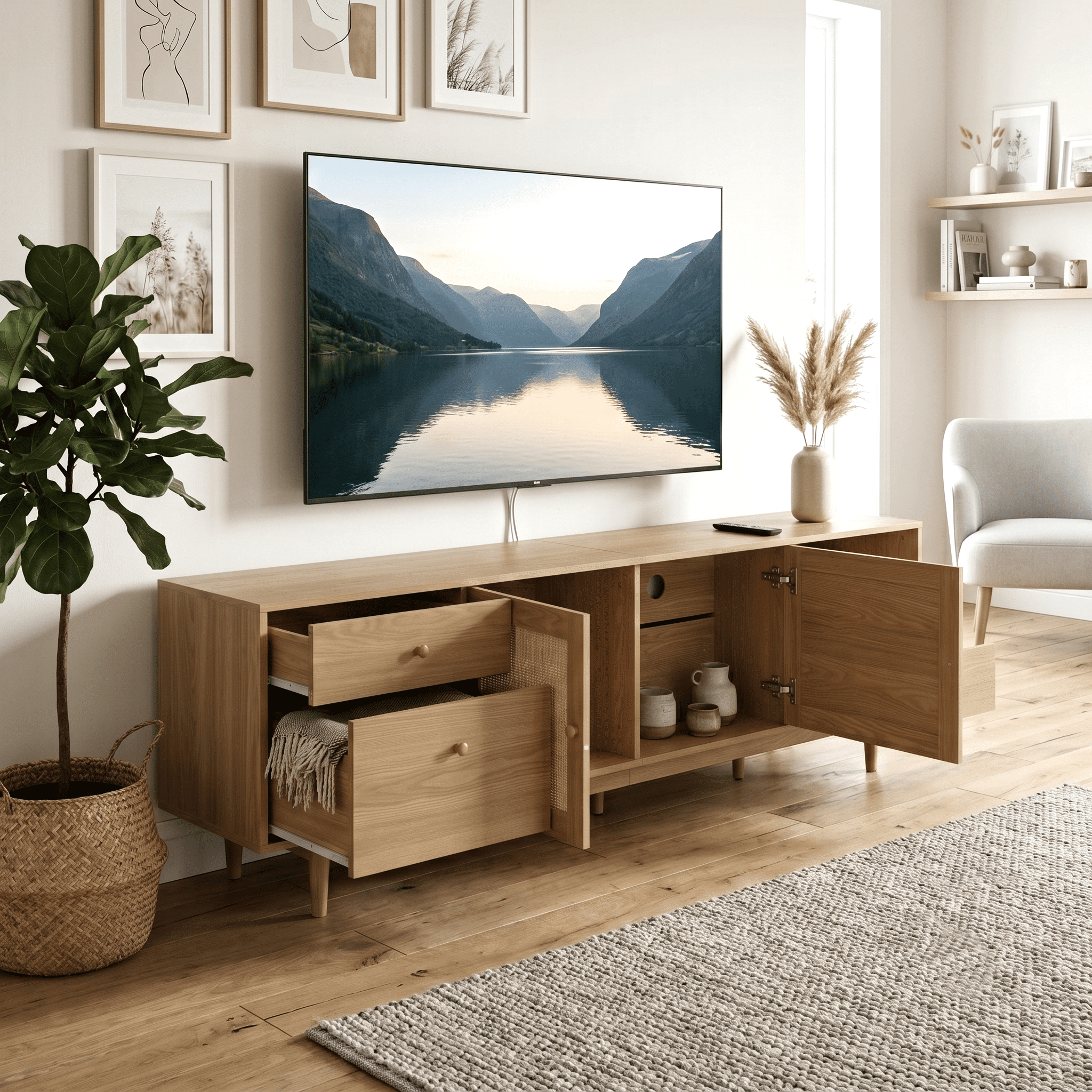 Homy Casa 76.6" Natural TV Stand for 80-inch TVs with Rattan-Style Doors, 3 Drawers and Open Shelf