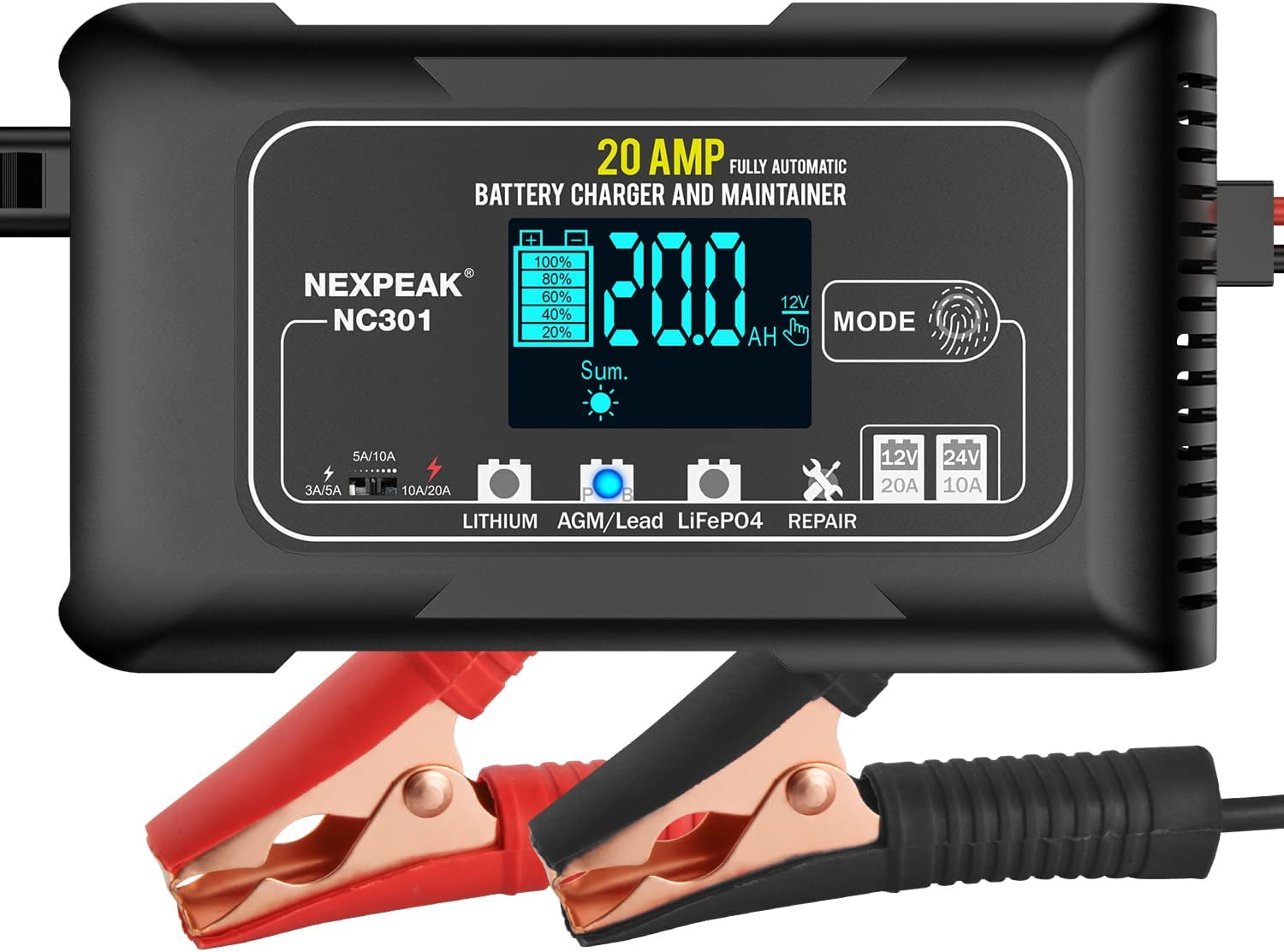 20-Amp Car Battery Charger 12V and 24V Smart Fully Automatic Battery Charger Maintainer Trickle Charger w/ Temperature Compensation for Car Truck Lawn Mower Boat Lead Acid Lithium LiFePO4 Batteries 