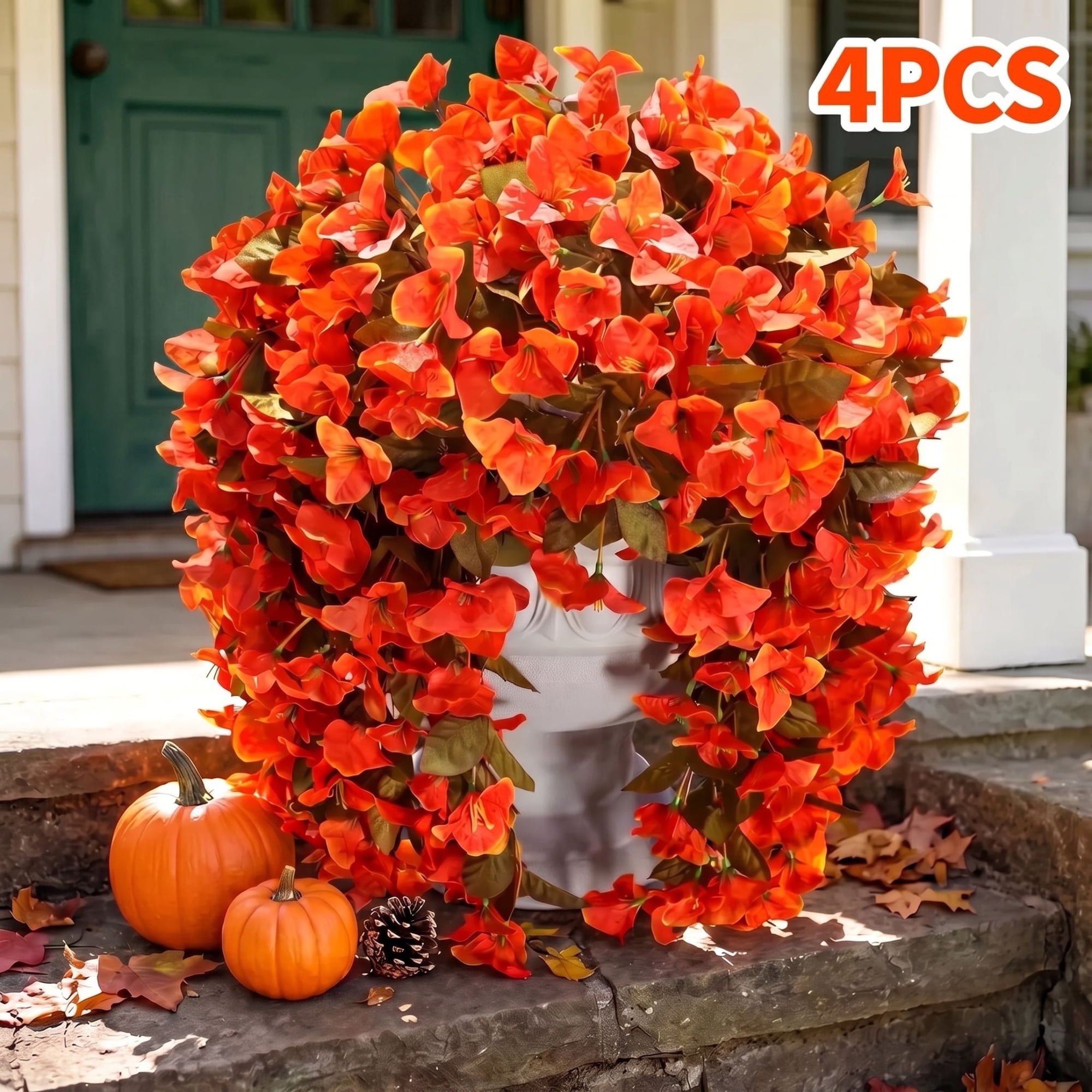 Scidweet Artificial Fall Hanging Flowers Outdoors, 4 Pcs Autumn Fake Faux Bougainvillea Silk Flowers Plants UV Resistant Fall Decorations for Home Garden Balcony Yard Front Porch Decor, Orange