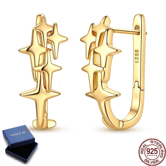 MULA Gold Plated Starry Stars Hoop Earrings 925 Sterling Silver Sparkling Jewelry Gift for Her