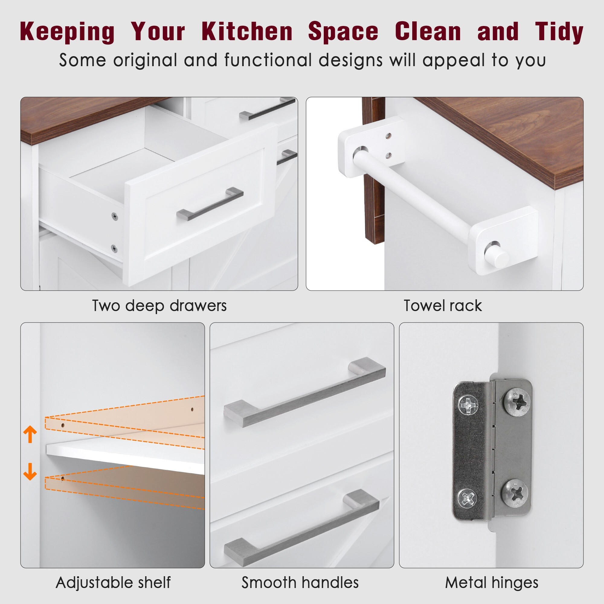 AENKYO 47.2" Farmhouse Kitchen Island with Removable Side Shelf, Tilt-Out Trash Bin, Storage Cabinet & Drawers, White