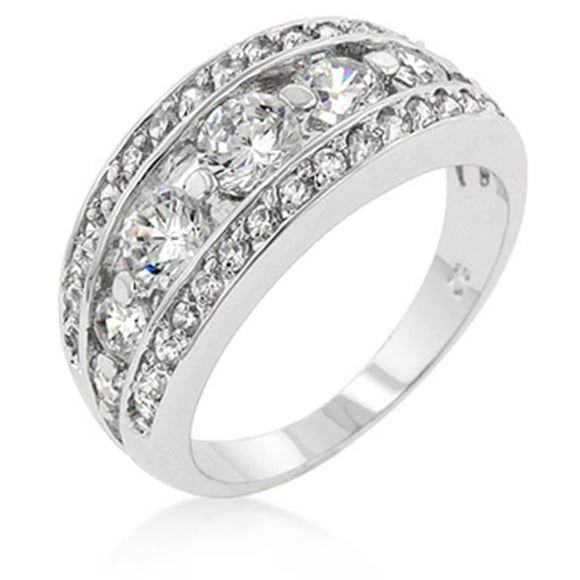 Bague Style Anniversaire en Rhodium Plaqué Sept Pierres avec Pavé CZ en Argent - Taille 6