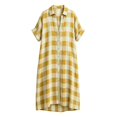 thumbnail image 4 of Women Boho Maxi Shirt Dress Button Down Gingham Beach Travel Sundress Short Sleeve Lapel Collar Casual Loose Summer Gingham Beach Travel Cover Up Yellow M, 4 of 4