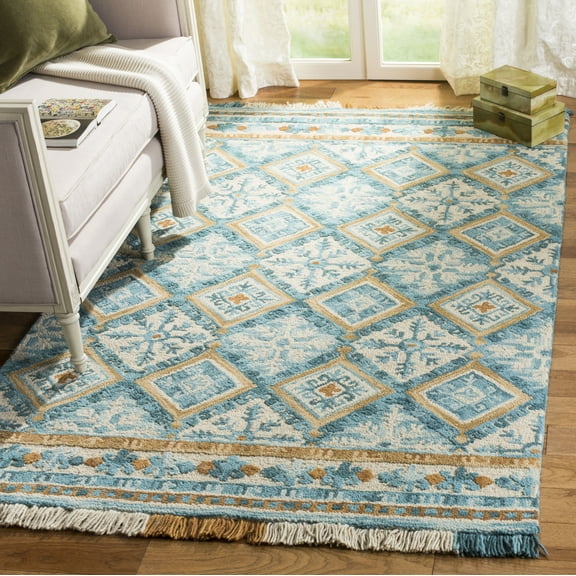 SAFAVIEH Blossom Keighley Geometric Fringe Wool Area Rug, Ivory/Teal, 4' x 6'