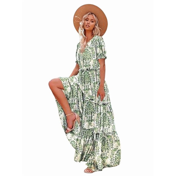 Summer Casual Bohemian Floral Dresses for Women Puff Short Sleeve Long Maxi Dress with Pockets Green XL