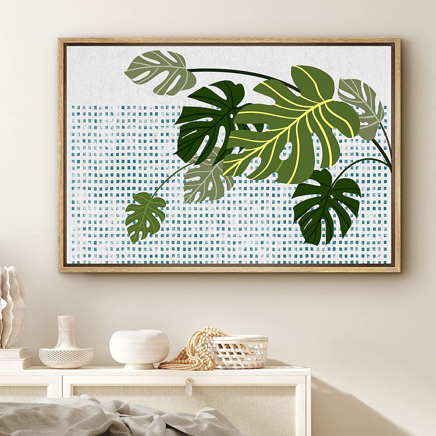 PixonSign Framed Canvas Print Wall Art Green and Yellow Monstera Leaves