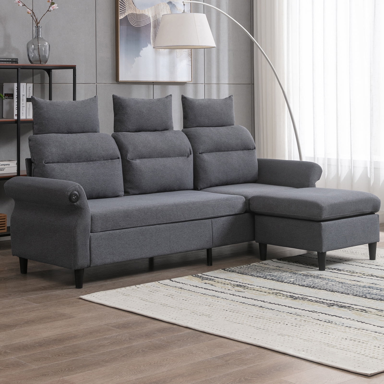Mjkone LShaped Couch with Storage Ottoman and 2 USB Ports, Convertible