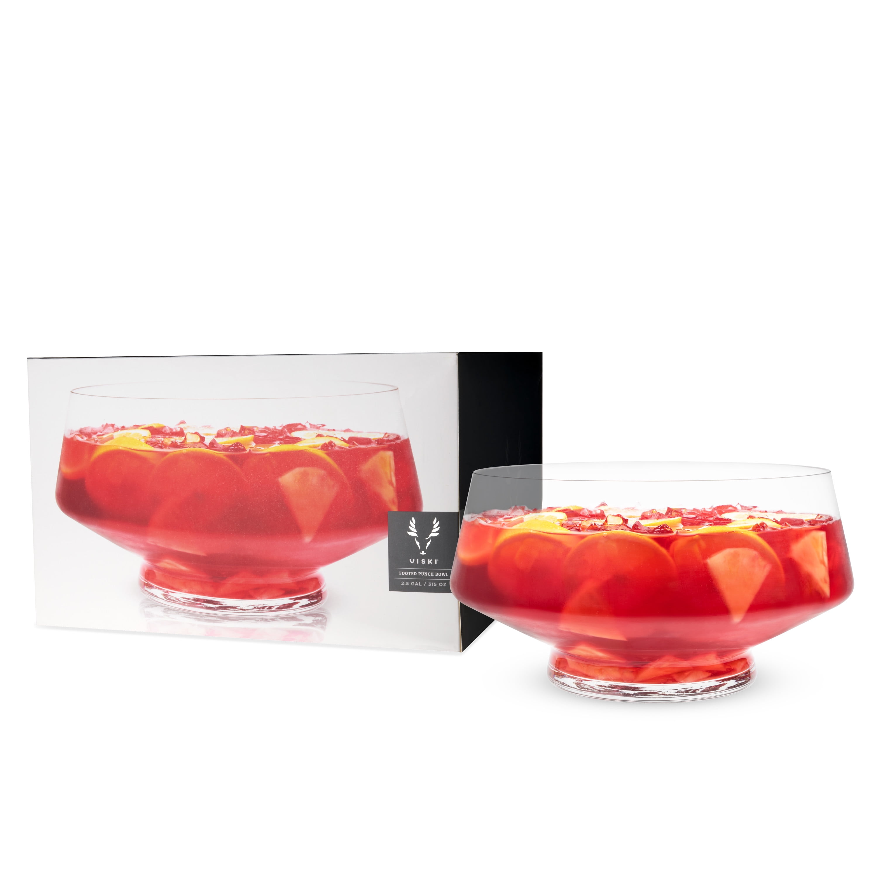 Viski footed glass punch bowl, heavy base bowl with angled design
