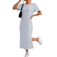 thumbnail image 2 of Women'S Crew Neck Short Sleeve All-over Striped Side Split Loose Midi Casual Dress Blue & White. L, 2 of 7