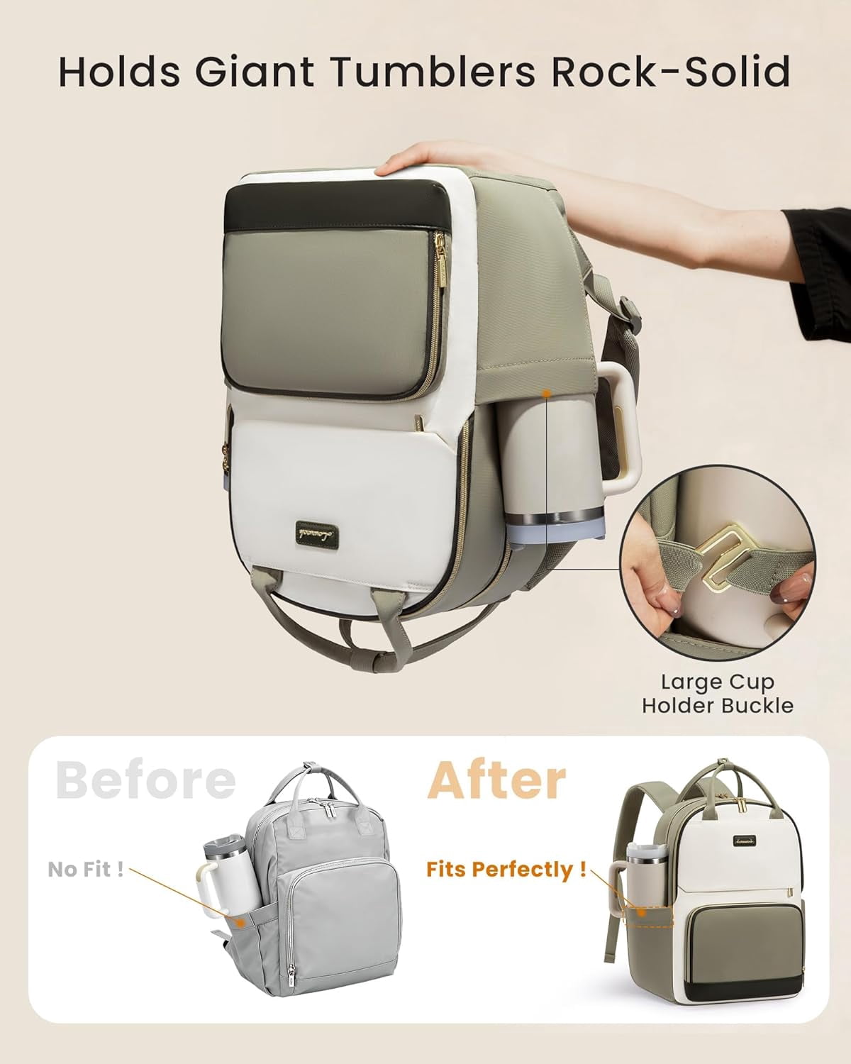 LOVEVOOK Laptop Backpack for Women with Giant Tumbler Holder Pocket, 15.6 inch Travel Work Backpack Purse for Teacher Nurse, Waterproof College Book Bag Cute Casual Daypack, Beige-Black-Brown