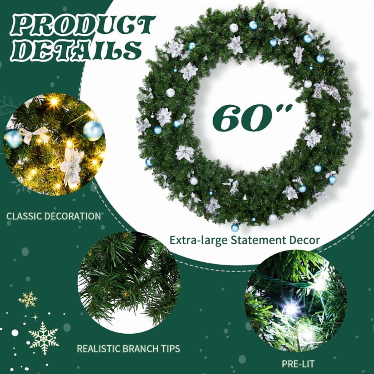 60in Lighted Artificial Christmas Wreath, 600 PVC Tips, 220 Warm/Cold White LEDs (11 Modes), DIY Ornaments for Front Door/Mantel/Gate
