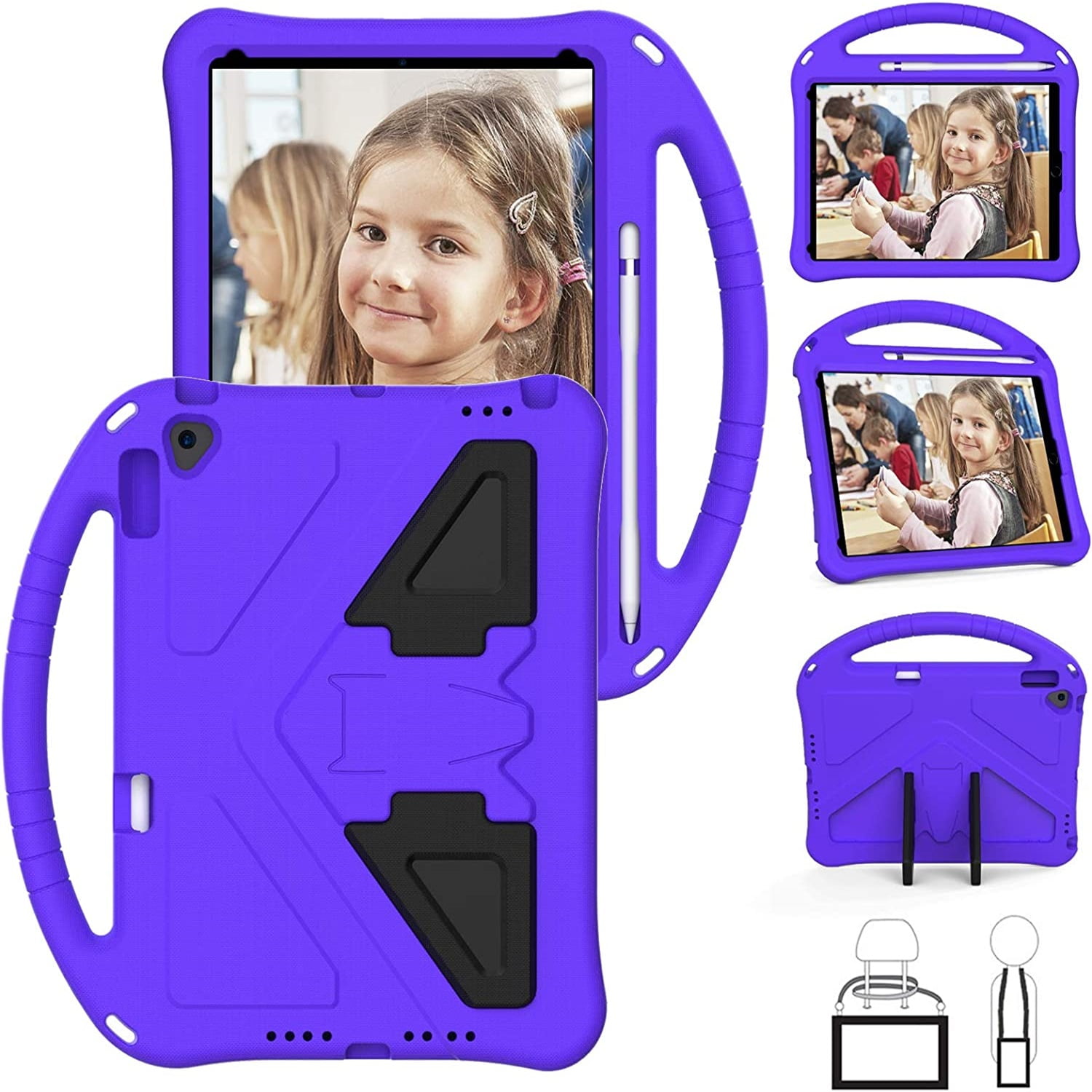 Allytechgroup Kids Case for iPad 9th/8th/7th Generation iPad 10.2 inch 2021/2020/2019 with Kickstand/Handle Stand/Pencil Holder [Screen Protector] Shockproof Cover for Boy Girl Children, Purple
