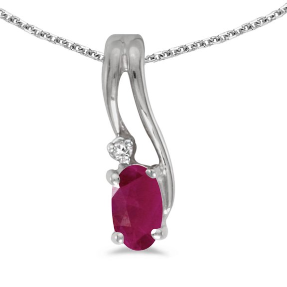 10k White Gold Oval Ruby And Diamond Wave Pendant with 16" Chain