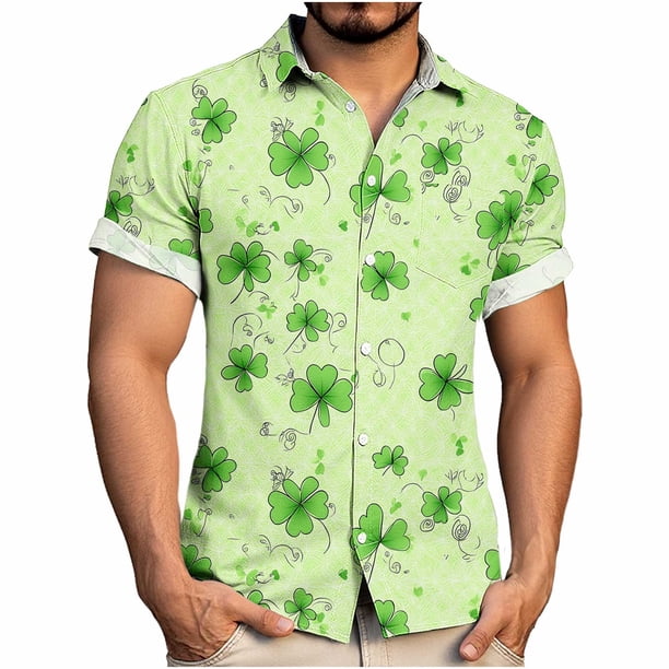 Ceisia Men's St. Patrick's Day Short Sleeve Shirt Clover Print Regular Straight Fit Green Turn-Down Collar Spring Summer Shirt Gift