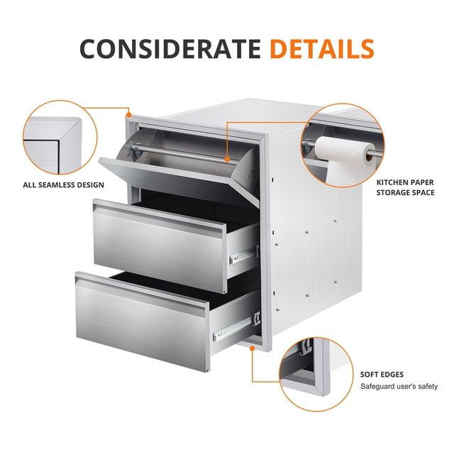 Armoire de Rangement de Cuisine Extérieure en Acier Inoxydable Résistante aux Intempéries avec Tiroir Rabattable, 2 Tiroirs Coulissants et Porte-Essuie-Tout – Tiroirs d'Accès Durables pour Îlot de BBQ, Station de Gril de Patio