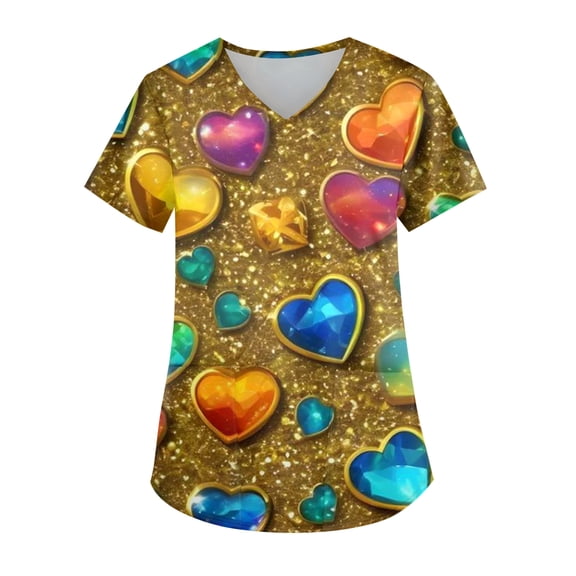 Womens Valentine's Day Scrub Tops Short Sleeve V Neck Love-Hearted Print Plus Size Nursing Uniforms Shirts with Pockets Gold 5XL