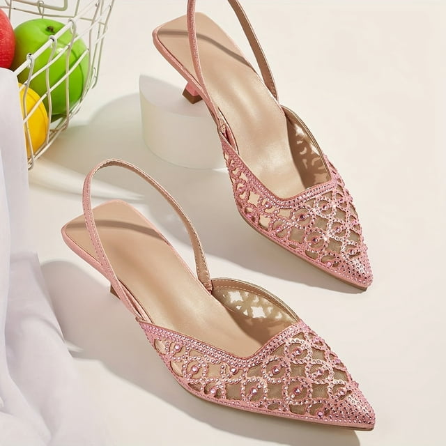 Chic & Comfortable All-Season Kitten Heels with Sparkling Rhinestones, Pointed Toe, and Breathable Mesh Design Shoes for Women Girls