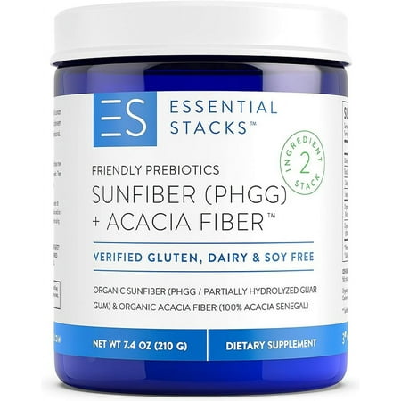 Essential Stacks Organic Sunfiber Prebiotic Fiber (Partially Hydrolyzed Guar Gum/PHGG) with Acacia Fiber Powder - Gluten Free, Non-GMO & Unflavored Soluble Fiber (7.4 oz)
