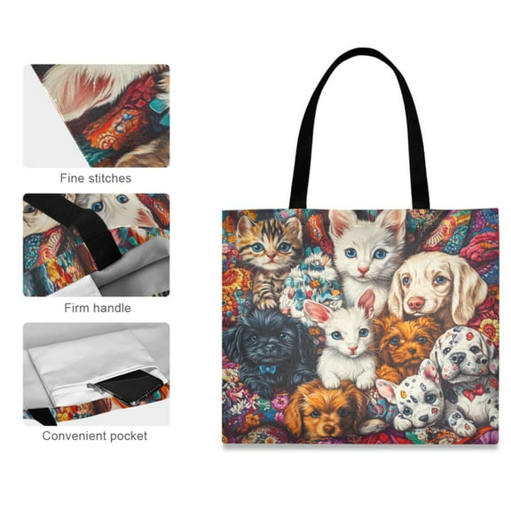 Canvas Tote Bag for Women Girls Design Print Feline and Canine Friends Tote
