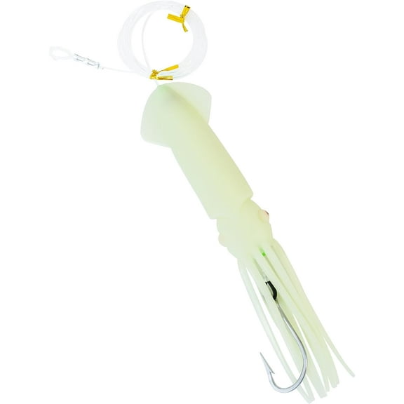 BLUEWING 9in Lighted Glow Squid Lure 1pc LED Saltwater Fishing Lure Soft Squids Baits with 9/0 Stainless Steel Hook and 300LB Mono Line Trolling Deep Drop Light, Luminous Squid - White Light
