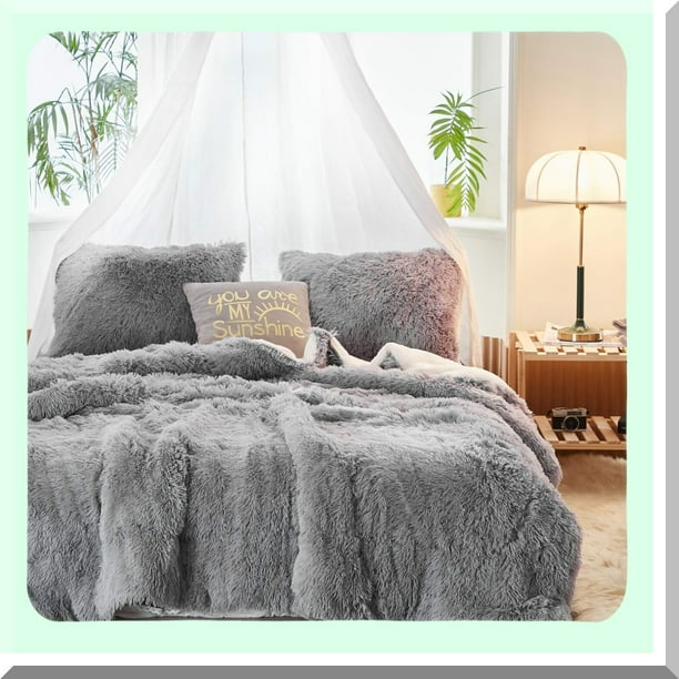WinterDream Plush Comforter Set Cozy Sherpa Bedding Full Queen Size Fluffy Bed Set Light Gray Reversible Ensemble Walmart