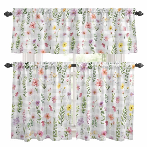 Pink Spring Floral Kitchen Curtains Sets for Windows 24 Inch Length, Flowers Botanical Elegant Grey Checkered Rod Pocket Window Treatments Tier Curtains and Valances Set for Bedroom/Bathroom