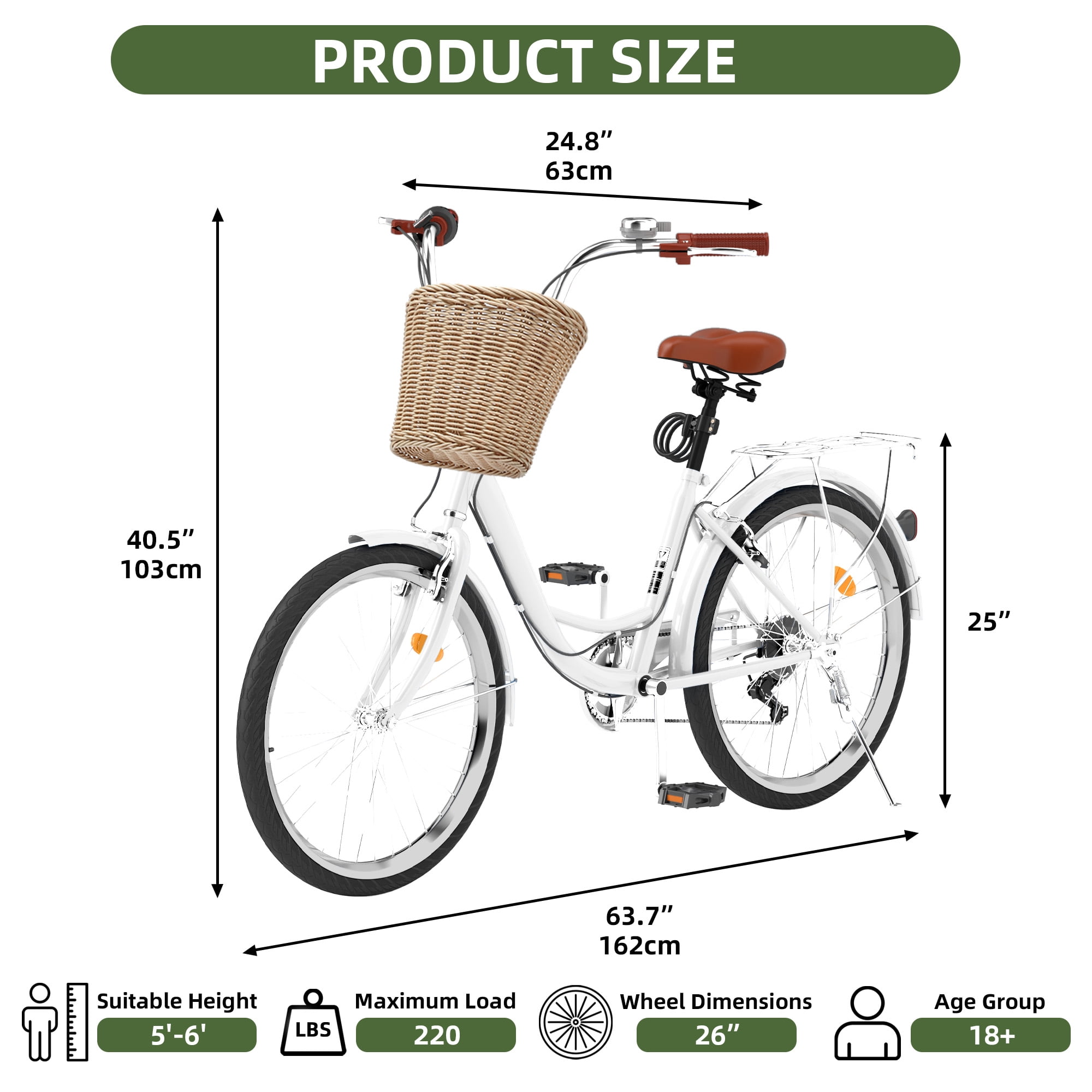 Uforic Women's 26" Beach Cruiser Bike, 7-Speed Adjustable, White