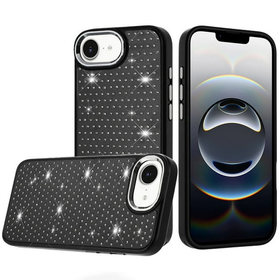 For iPhone 17E / 16E / SE4 Beautiful Diamond Metallic Design Metal Chrome Edged Hybrid - Black
