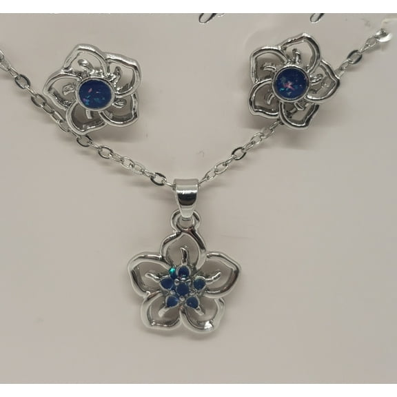 Blue Opal Flower Silver Earring/Necklace Set