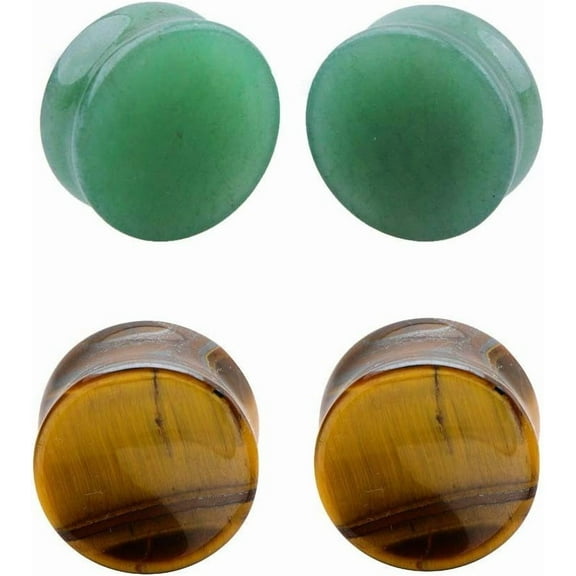 2Pairs Tiger Eyes & Green Jade Ear Plugs Natural Stone Gauges Tunnel Expanders Double Flared Body Piercings